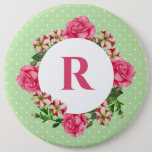 Initial Pink Rose Red White Petunia Polka Dots Button at Zazzle