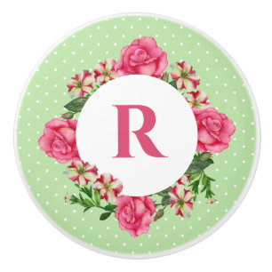 Initial Pink Rose Red White Petunia Polka Dots Ceramic Knob