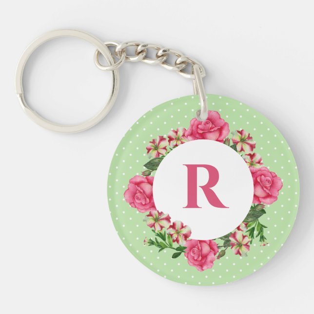 Initial Pink Rose Red White Petunia Polka Dots Keychain (Front)
