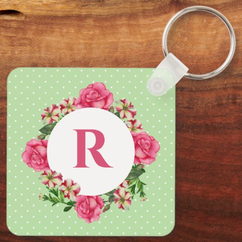Initial Pink Rose Red White Petunia Polka Dots Keychain