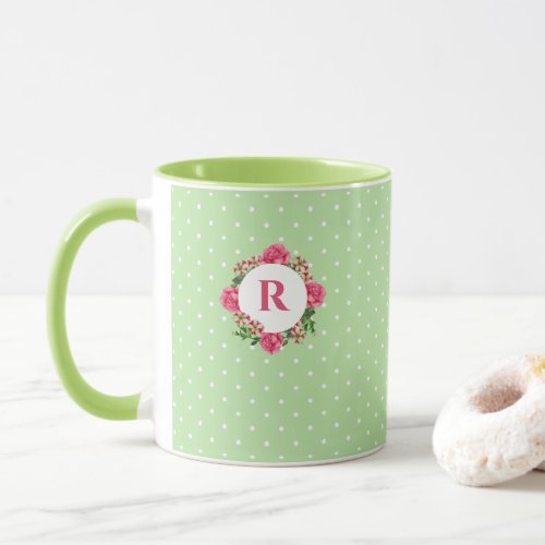 Initial Pink Rose Red White Petunia Polka Dots Mug