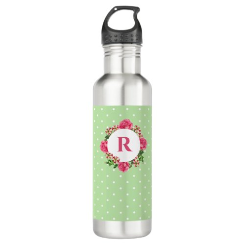 Initial Pink Rose Red White Petunia Polka Dots Stainless Steel Water Bottle