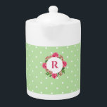 Initial Pink Rose Red White Petunia Polka Dots Teapot<br><div class="desc">Designed based on my watercolor illustration of pink roses and red and white petunias. A lovely delicate floral wreath arrangement of pink English rose illustration with fine details of rose buds and green leaves with vibrant multicolor red white petunias. The design is has pink monogram initial in the center which...</div>