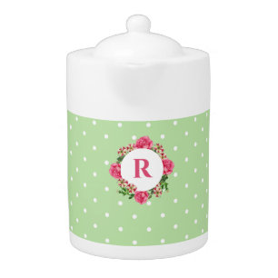 Initial Pink Rose Red White Petunia Polka Dots Teapot