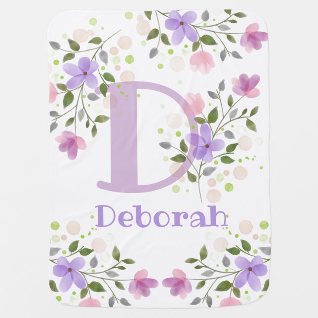 Initial Plus Name Deborah. Floral Design Newborn Baby Blanket (Front)