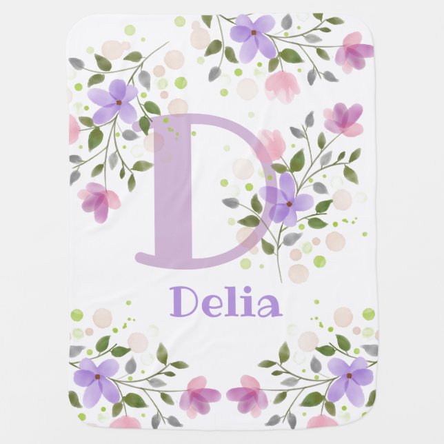 Initial Plus Name Delia with Flowers Newborn Baby Blanket (Front)
