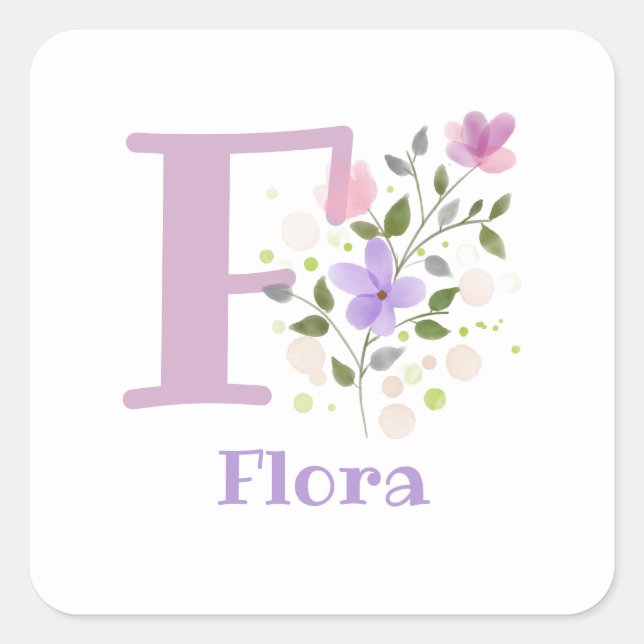 Initial Plus Name Flora & Flowers Design Square Sticker (Front)