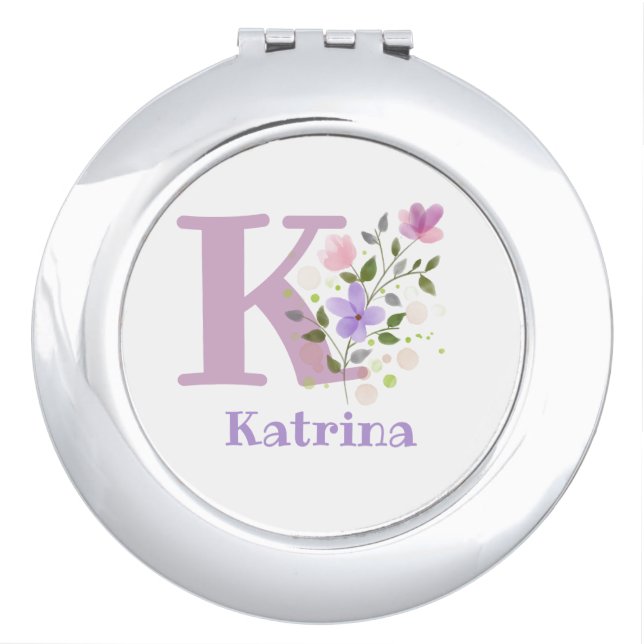 Initial Plus Name Floral Design. Katrina Compact Mirror (Front)
