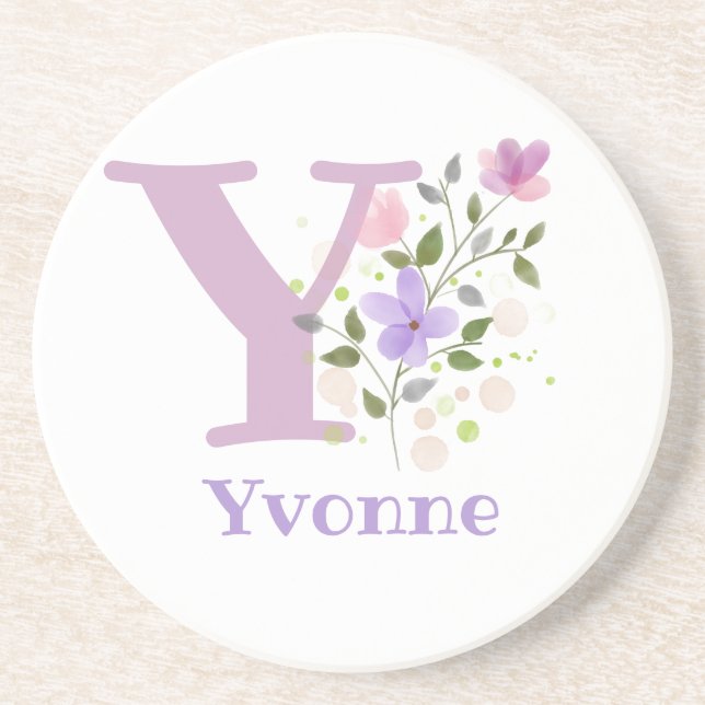 Initial Plus Name & Flowers Design Coaster (Front)