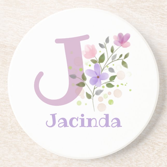 Initial Plus Name & Flowers Design Coaster (Front)