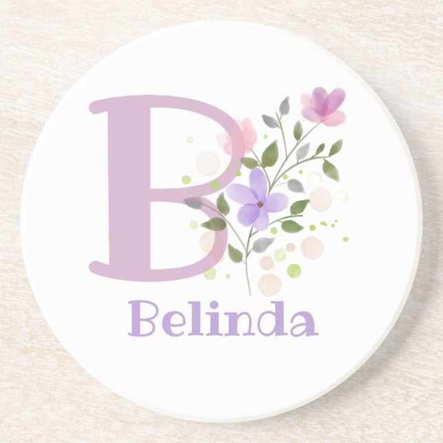 Initial Plus Name & Flowers Design Coaster (Front)