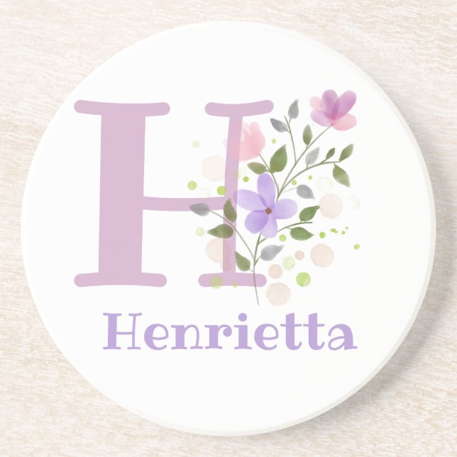Initial Plus Name & Flowers Design Coaster (Front)
