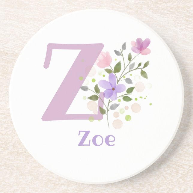 Initial Plus Name & Flowers Design Coaster (Front)