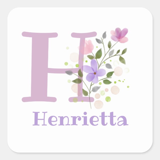 Initial Plus Name Henrietta & Flowers Design Square Sticker (Front)