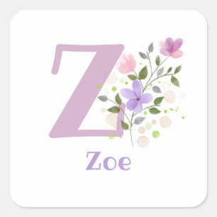 Initial Plus Name Zoe & Flowers Design Square Sticker