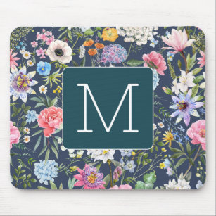 Initial Pretty colorful illustration floral Navy Mouse Pad