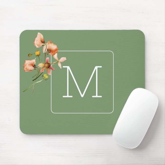 Initial Pretty floral with sage green Elegant Mouse Pad (With Mouse)