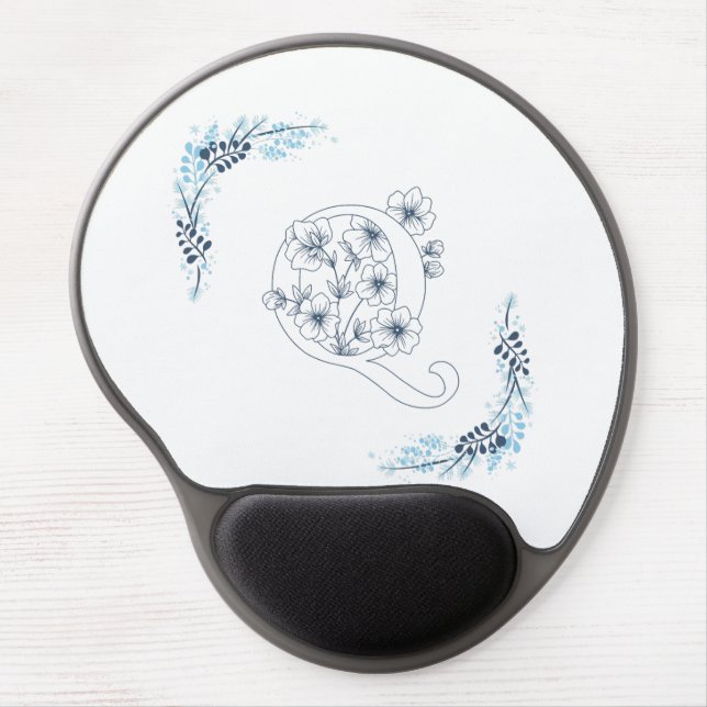 Initial "Q" Blue Monogram Calm Floral Gel Mouse Pad (Front)