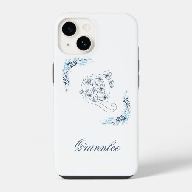 Initial "Q" Blue Monogram Calm Floral Iphone Case (Back)