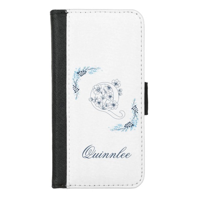 Initial "Q" Blue Monogram Calm Floral iPhone Wallet Case (Front)