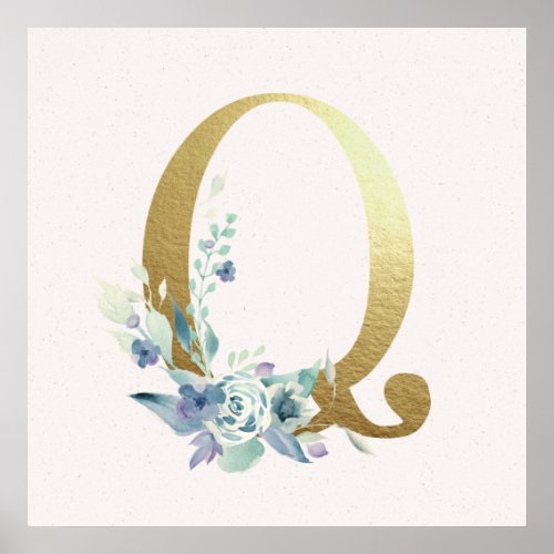 Initial Q Golden and Blue Floral Monogram Poster