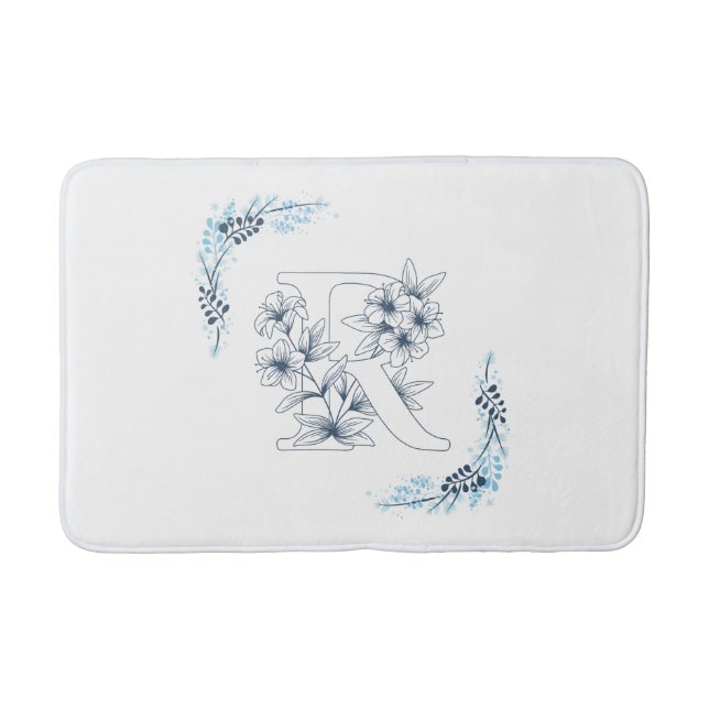 Initial "R" Blue Monogram Calm Floral Bath Mat (Front)