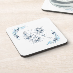 Initial "R" Blue Monogram Calm Floral Beverage Coaster