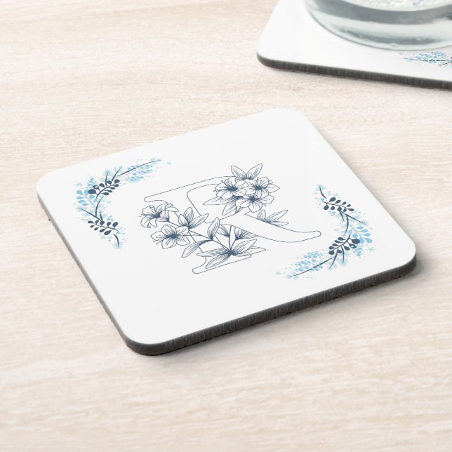 Initial "R" Blue Monogram Calm Floral Beverage Coaster (Left Side)