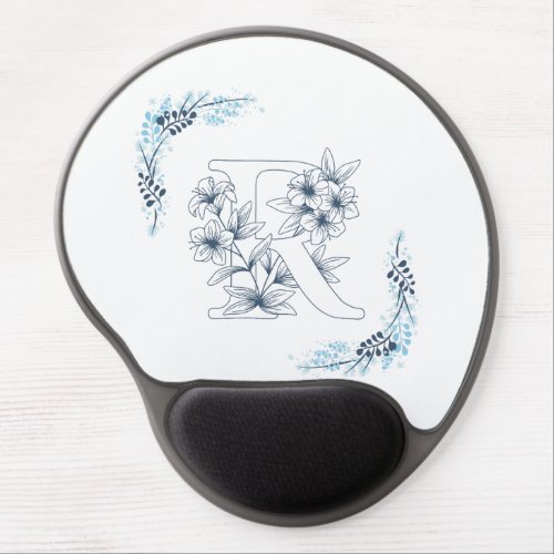 Initial R Blue Monogram Calm Floral Gel Mouse Pad