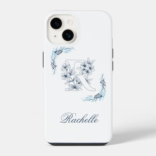 Initial "R" Blue Monogram Calm Floral Iphone Case (Back)