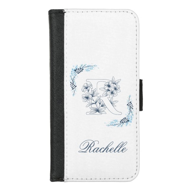 Initial "R" Blue Monogram Calm Floral iPhone Wallet Case (Front)