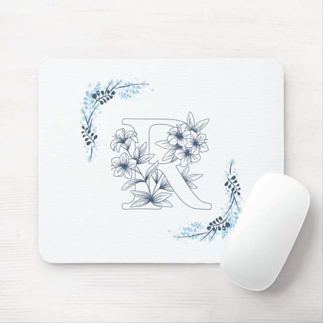 Initial "R" Blue Monogram Calm Floral Mouse Pad (With Mouse)
