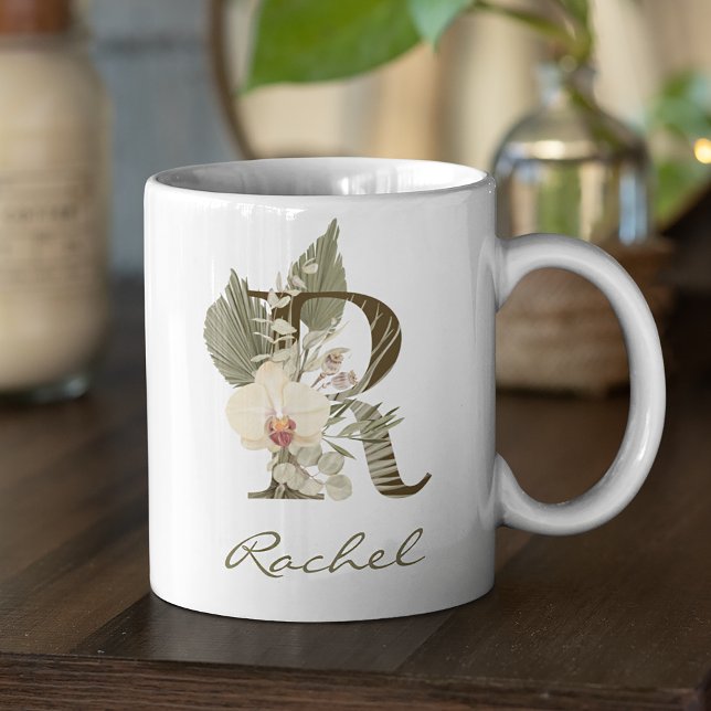 Initial R Boho Floral Orchid Greenery Custom Name Coffee Mug (Boho Floral Orchid Greenery Mug: Personalize with Your Name and Initial)