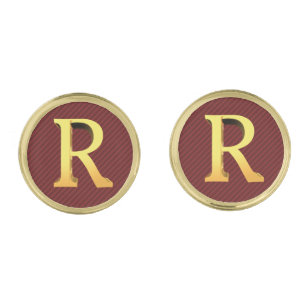 Initial R - Gold Monogram on Striped Dark Red Cufflinks