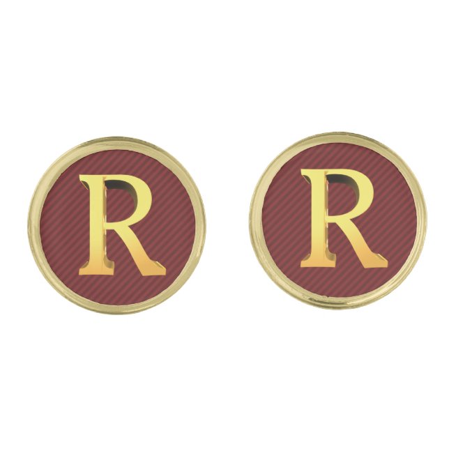 Initial R - Gold Monogram on Striped Dark Red Cufflinks (Front)