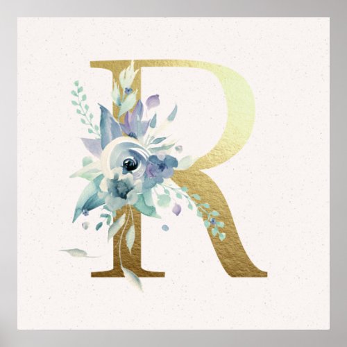 Initial R Golden and Blue Floral Monogram Poster