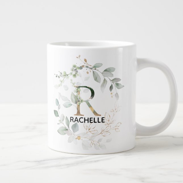 Initial R Name Alphabet Monogram Greenery Wreath Giant Coffee Mug (Right)