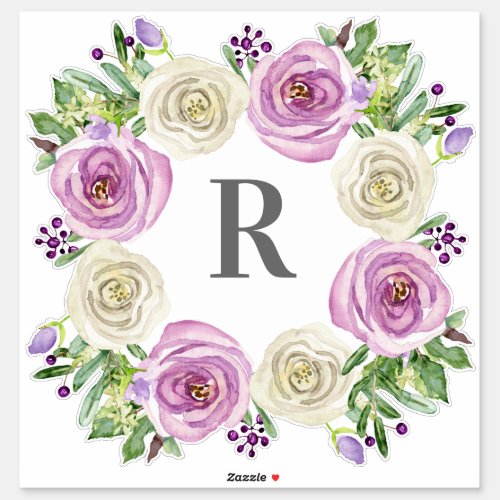 Initial R Watercolor Purple n White Floral Wreath Sticker