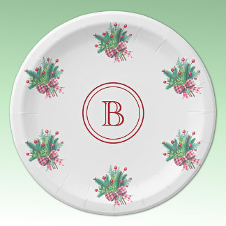 Initial, Red & Green Christmas Bouquet Paper Plates