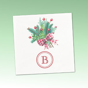 Initial, Red & Green Christmas Bouquet Party Paper Napkins