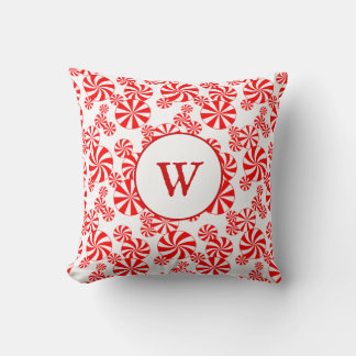Initial Red White Peppemint Candy Holiday Pattern Throw Pillow