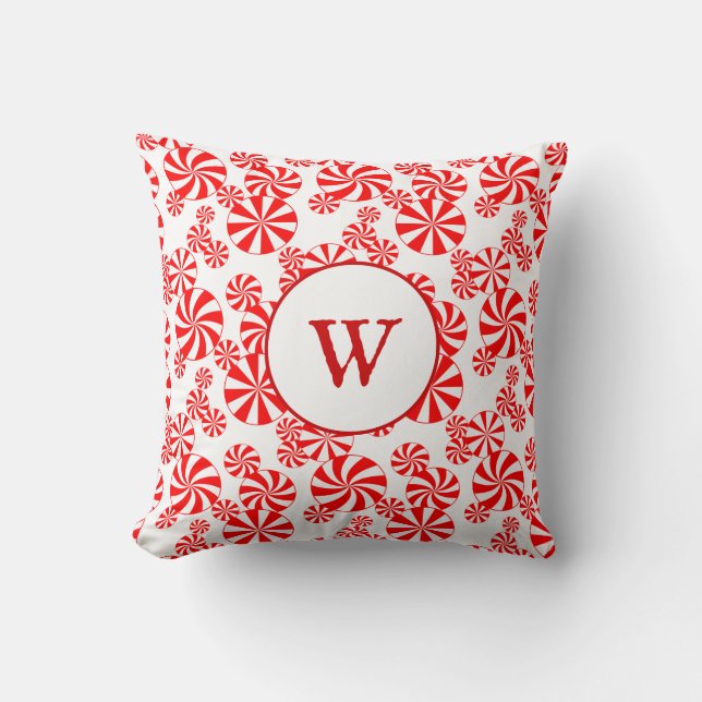 Initial Red White Peppemint Candy Holiday Pattern Throw Pillow (Front)