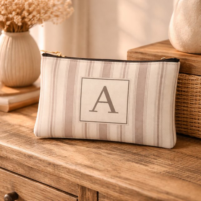 Initial Rustic Farmhouse Striped Beige & Taupe Accessory Pouch (Creator Uploaded)