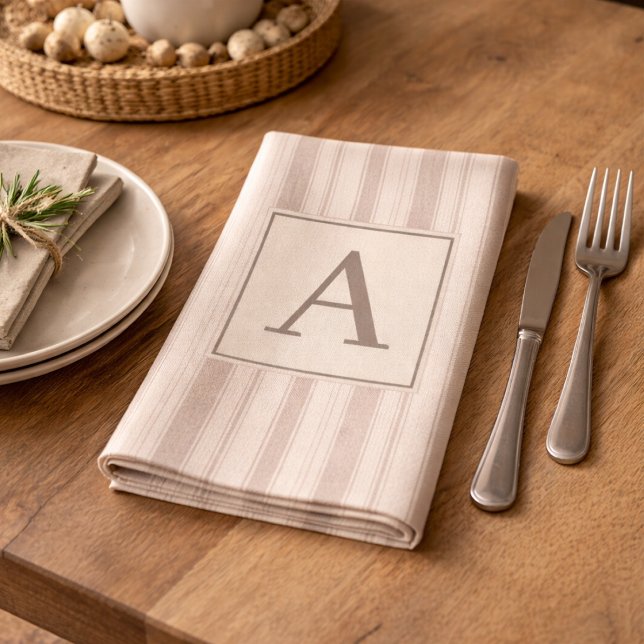 Initial Rustic Farmhouse Striped Beige & Taupe Cloth Napkin (Creator Uploaded)
