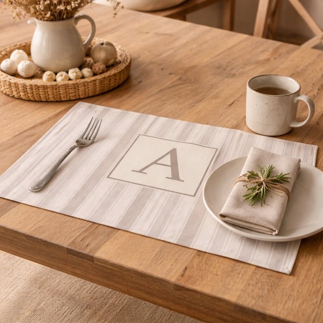 Initial Rustic Farmhouse Striped Beige & Taupe Cloth Placemat (Creator Uploaded)