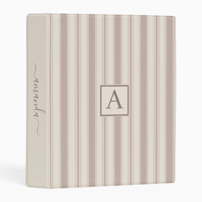 Initial Rustic Farmhouse Striped Beige & Taupe Mini Binder (Front/Spine)