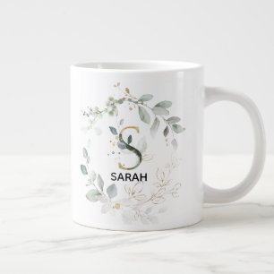 Initial S Alphabet Letter Greenery and Gold Giant Coffee Mug
