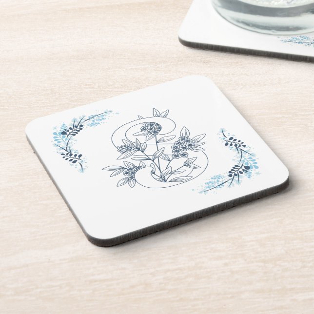 Initial "S" Blue Monogram Calm Floral Beverage Coaster (Left Side)