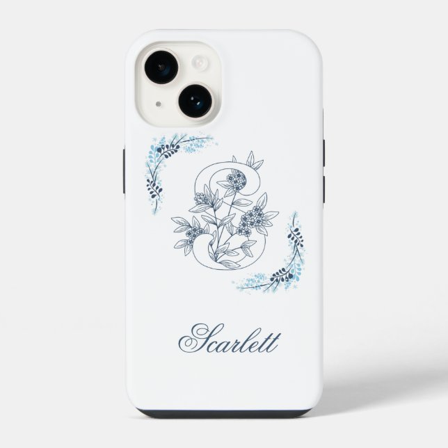 Initial "S" Blue Monogram Calm Floral Iphone Case (Back)