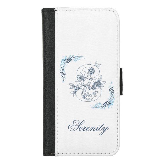 Initial "S" Blue Monogram Calm Floral iPhone Wallet Case (Front)